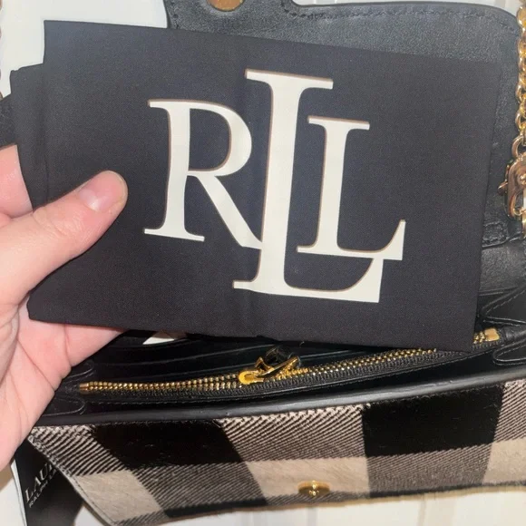 Ralph Lauren Black and Cream Plaid Crossbody Buffalo check hair on hide wallet - Picture 5 of 15